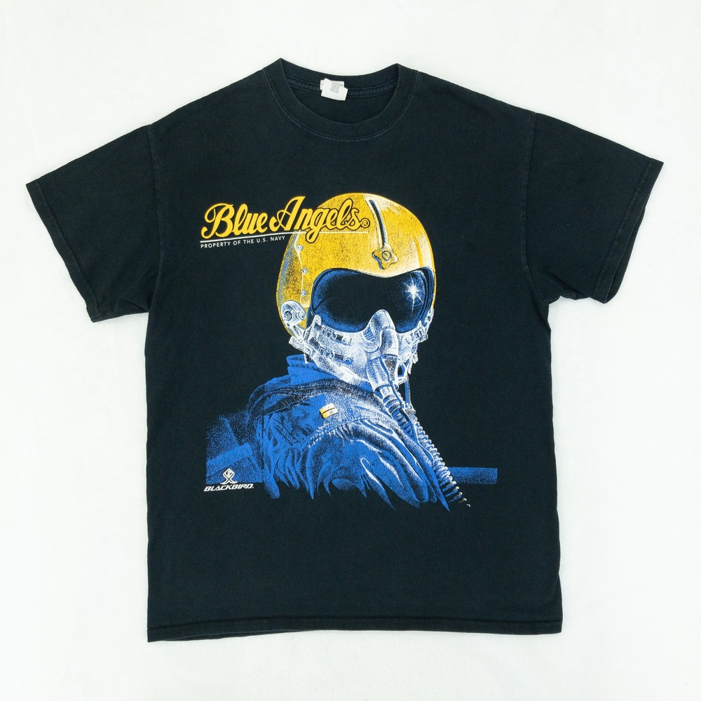 Blue Angels Tee Shirt Mens Medium Black Graphic Pilot Jet Gildan Double Loop